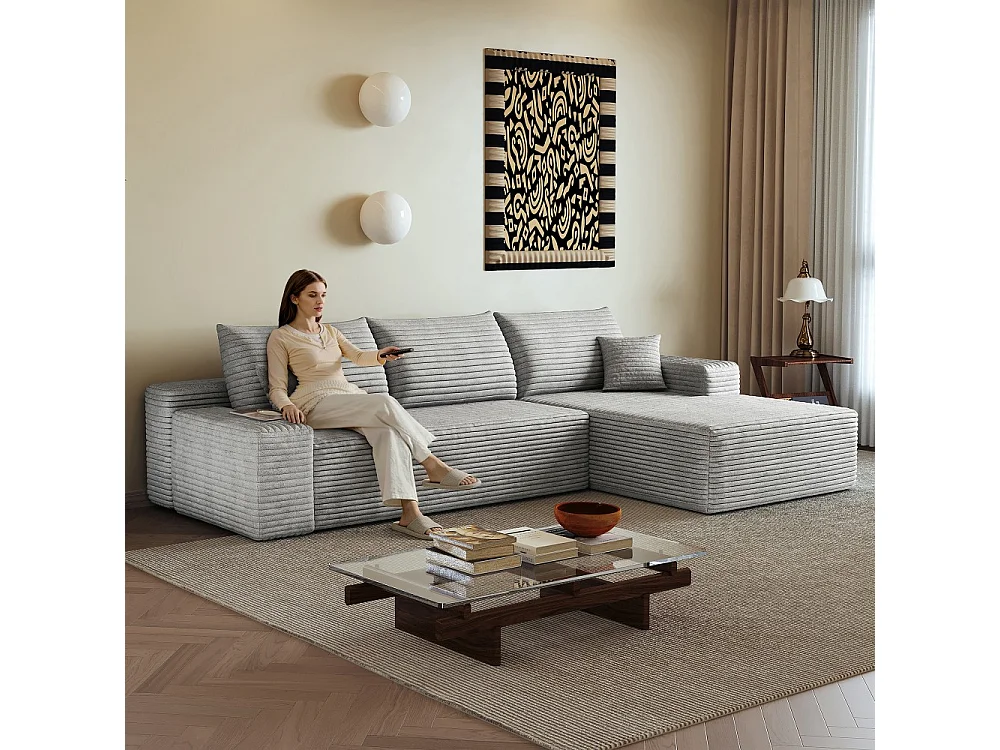 Canapé d'angle modulaire sans armature, avec partie en L à droite, assise profonde, prêt à l'emploi, gris