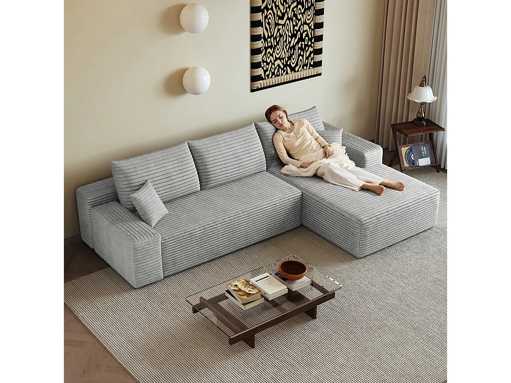 Canapé d'angle modulaire sans armature, avec partie en L à droite, assise profonde, prêt à l'emploi, gris