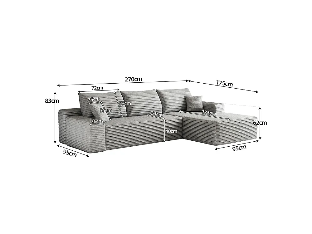 Canapé d'angle modulaire sans armature, avec partie en L à droite, assise profonde, prêt à l'emploi, gris