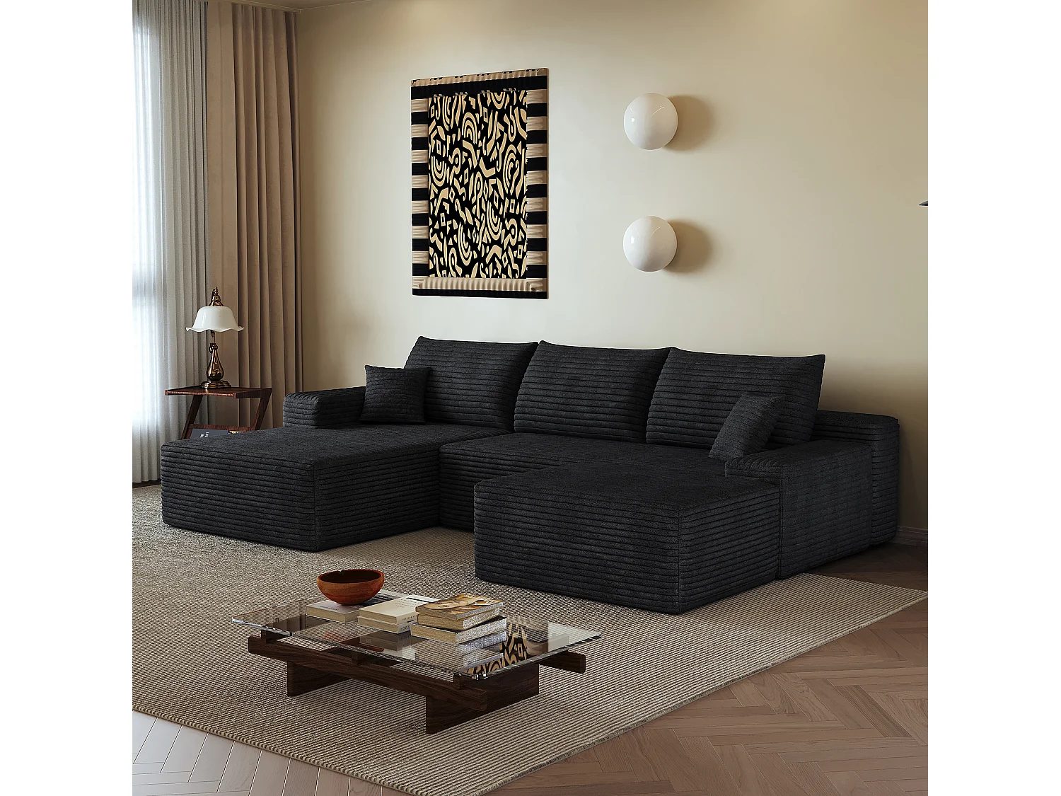 Canapé d'angle sans armature, en L à gauche, avec des coussins d'assise profonds, 2 places + 1 repose-pieds, prêt à l'emploi, noir