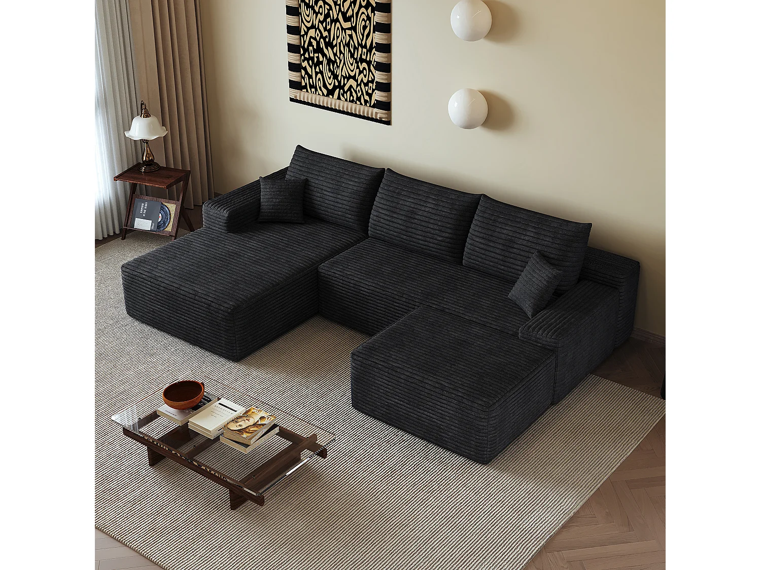 Canapé d'angle sans armature, en L à gauche, avec des coussins d'assise profonds, 2 places + 1 repose-pieds, prêt à l'emploi, noir