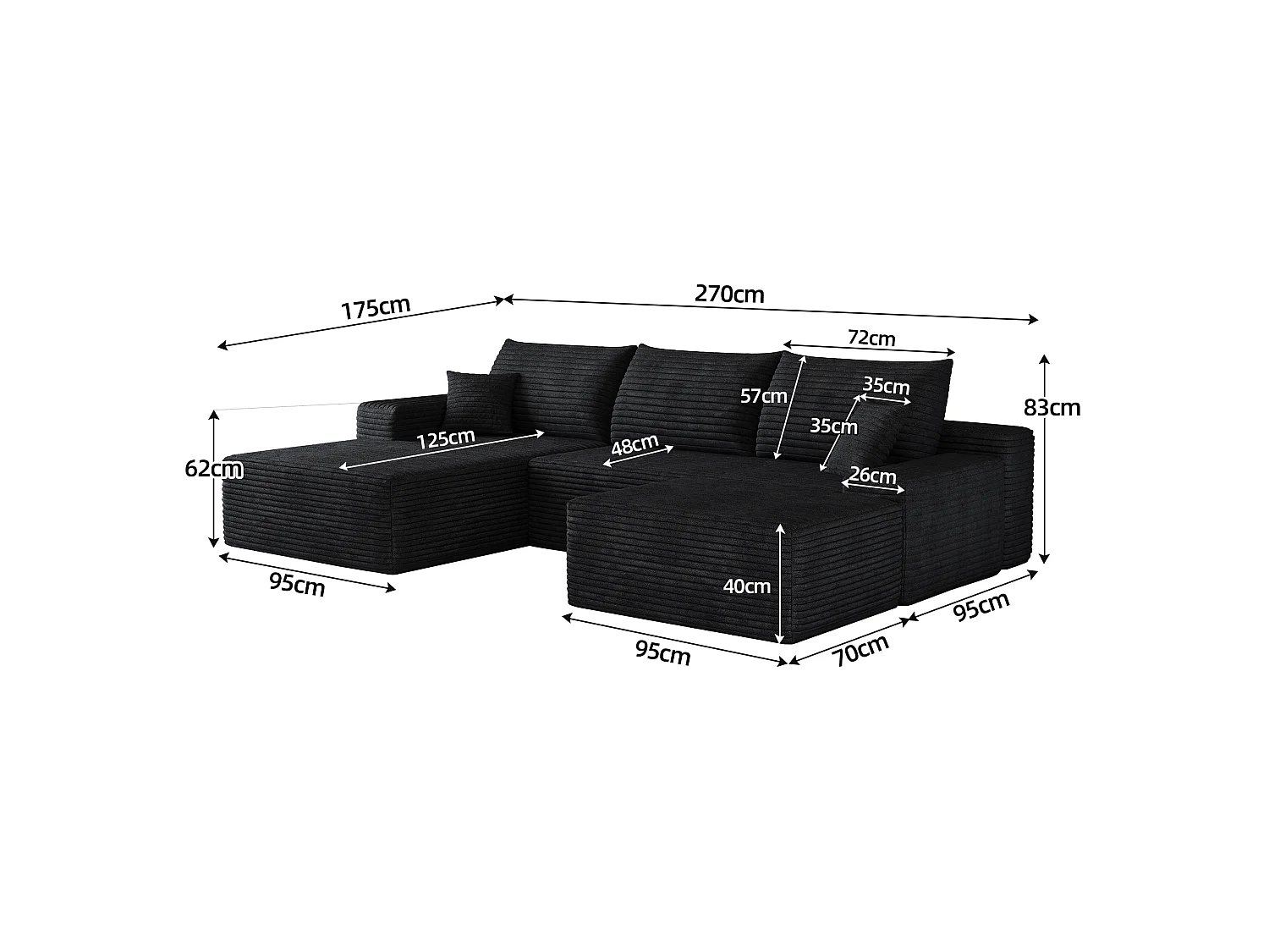 Canapé d'angle sans armature, en L à gauche, avec des coussins d'assise profonds, 2 places + 1 repose-pieds, prêt à l'emploi, noir