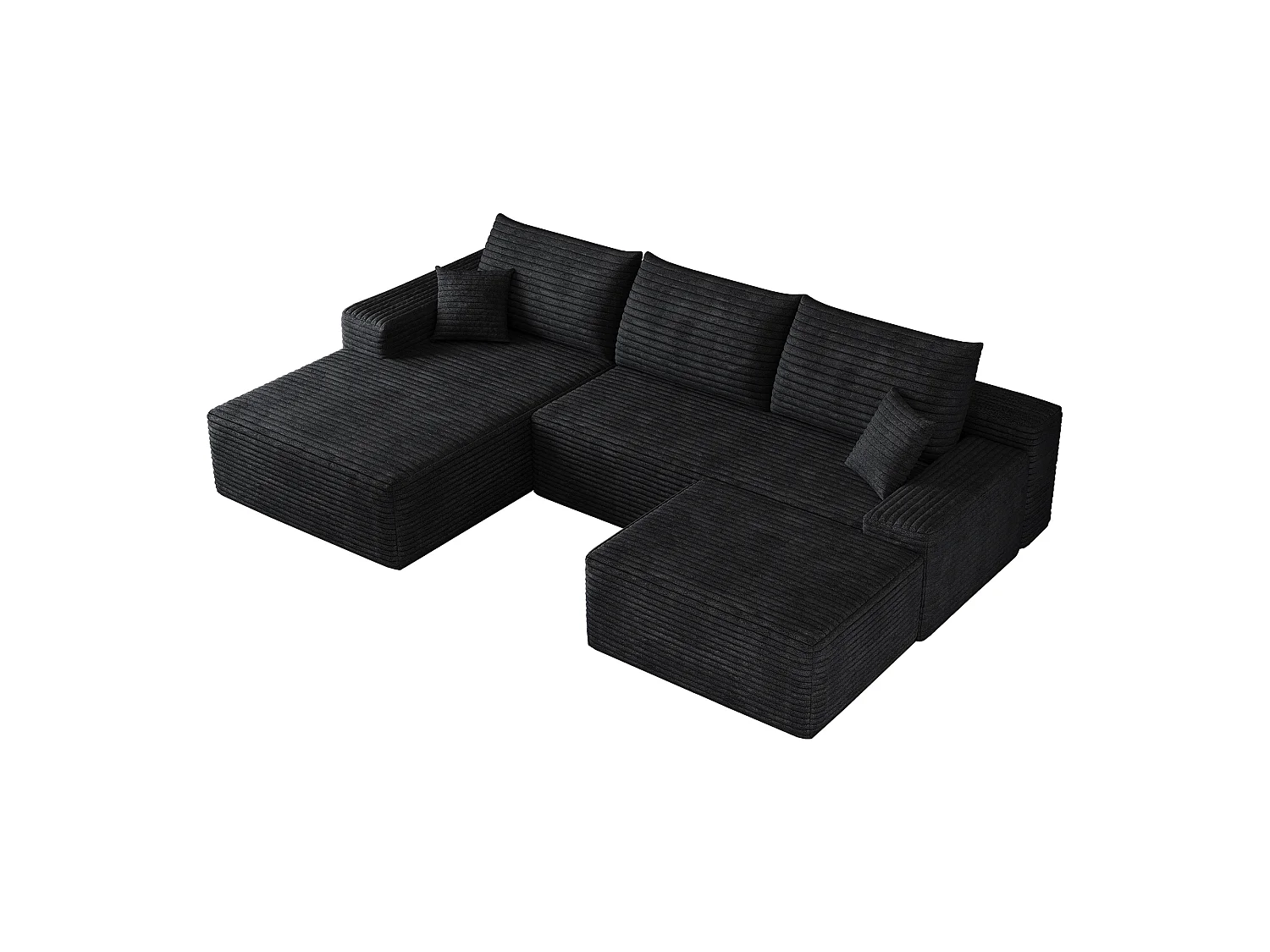 Canapé d'angle sans armature, en L à gauche, avec des coussins d'assise profonds, 2 places + 1 repose-pieds, prêt à l'emploi, noir