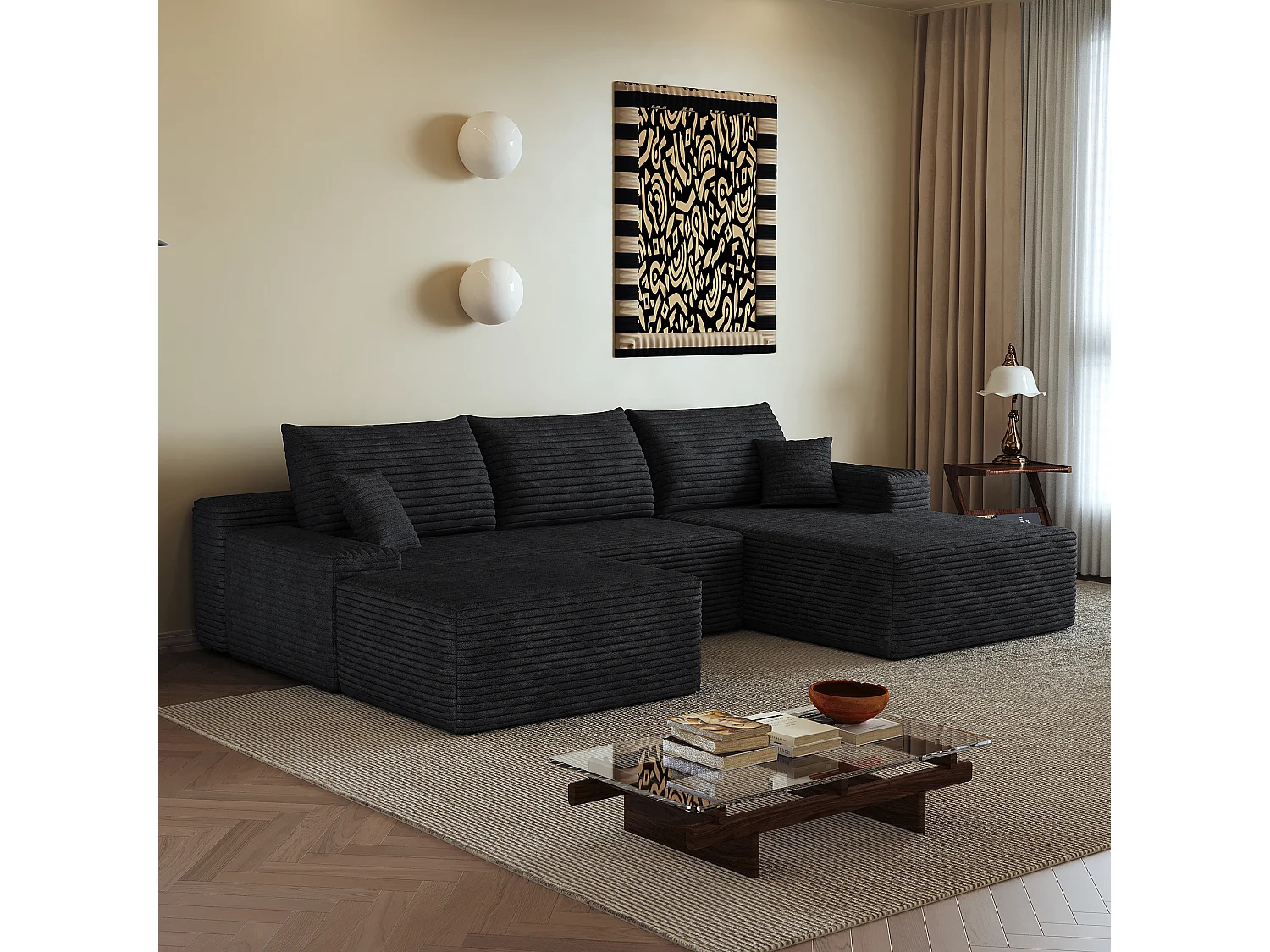 Canapé d'angle sans armature, en L à droite, avec des coussins d'assise profonds, 2 places + 1 repose-pieds, prêt à l'emploi, noir
