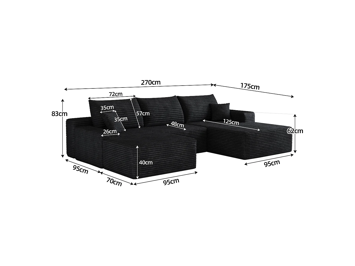 Canapé d'angle sans armature, en L à droite, avec des coussins d'assise profonds, 2 places + 1 repose-pieds, prêt à l'emploi, noir