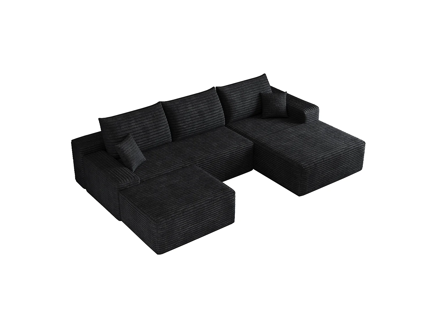Canapé d'angle sans armature, en L à droite, avec des coussins d'assise profonds, 2 places + 1 repose-pieds, prêt à l'emploi, noir
