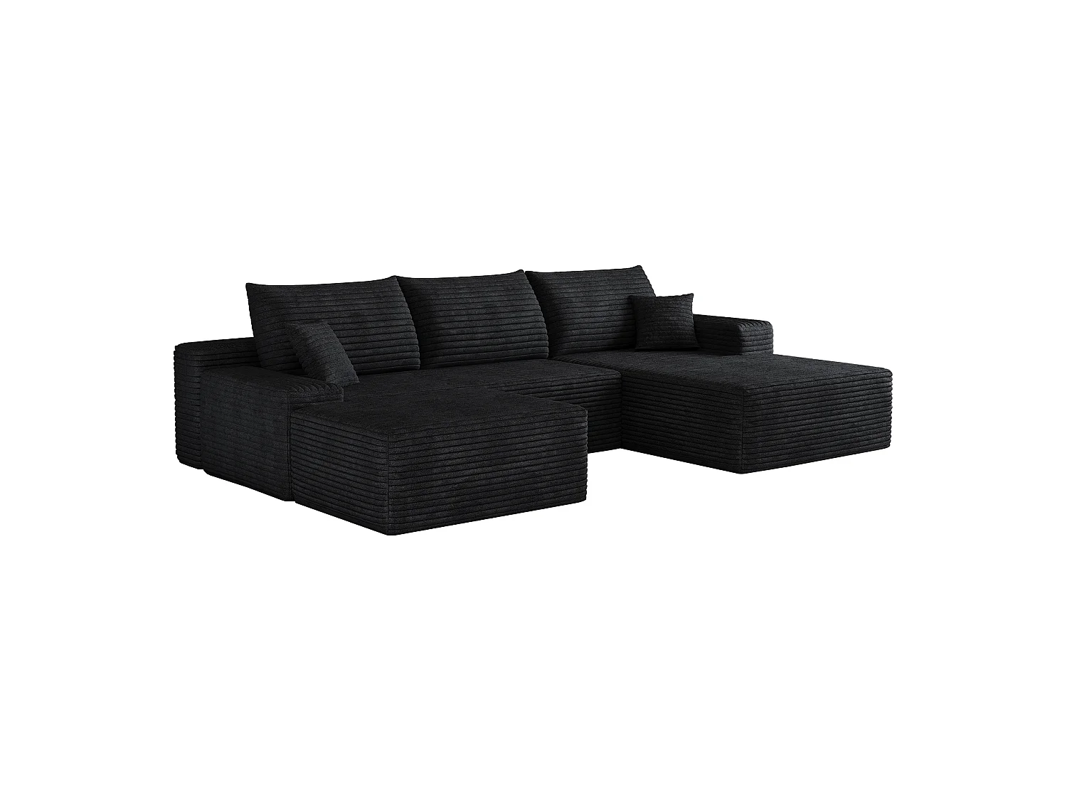 Canapé d'angle sans armature, en L à droite, avec des coussins d'assise profonds, 2 places + 1 repose-pieds, prêt à l'emploi, noir