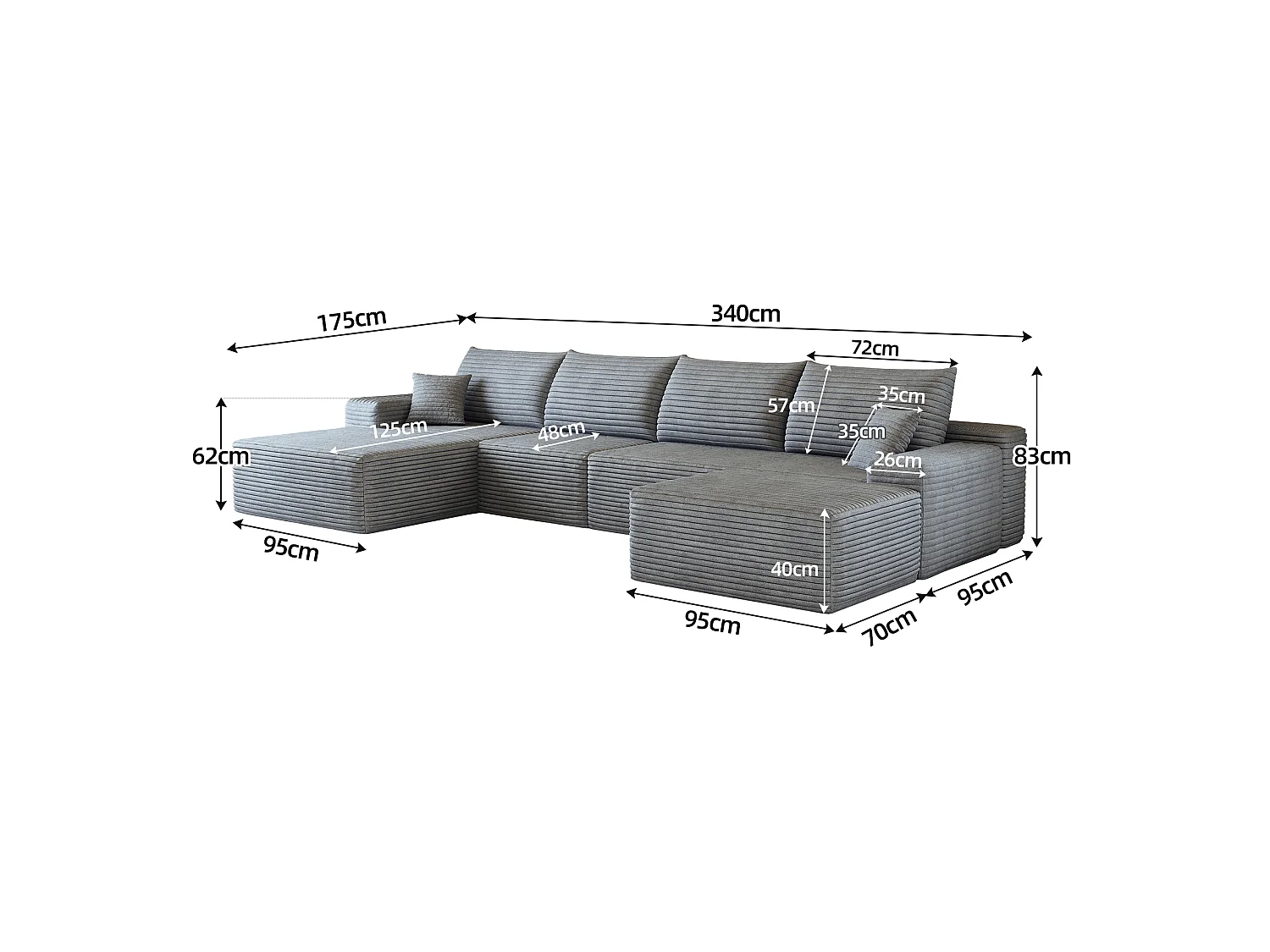 Canapé d'angle modulaire, en L à gauche, 5 places + un repose-pieds, coussins d'assise profonds, prêt à l'emploi, gris