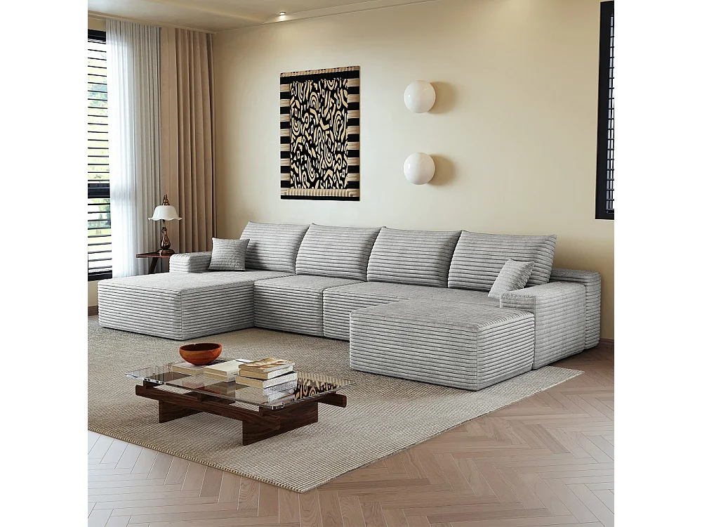 Canapé d'angle modulaire, en L à gauche, 5 places + un repose-pieds, coussins d'assise profonds, prêt à l'emploi, gris