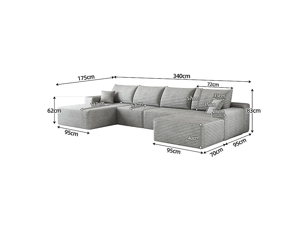 Canapé d'angle modulaire, en L à gauche, 5 places + un repose-pieds, coussins d'assise profonds, prêt à l'emploi, gris