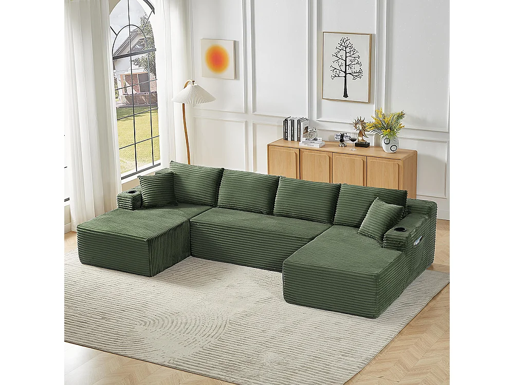 Canapé modulaire en U, sans structure, assise profonde, revêtement en velours côtelé, mousse à mémoire de forme, vert