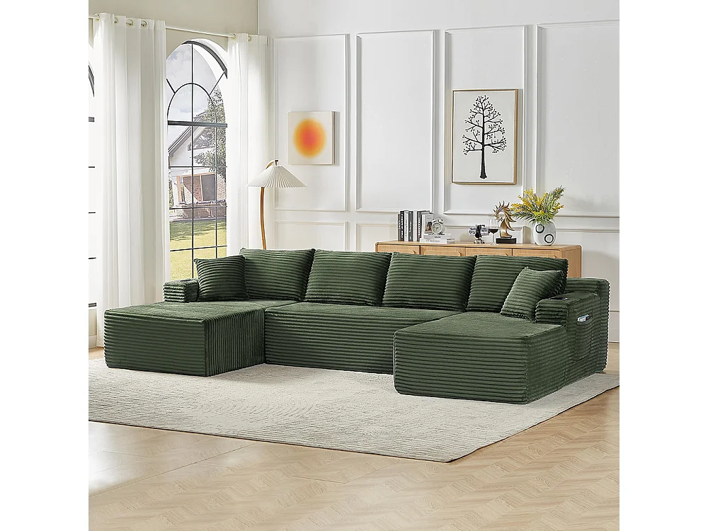 Canapé modulaire en U, sans structure, assise profonde, revêtement en velours côtelé, mousse à mémoire de forme, vert