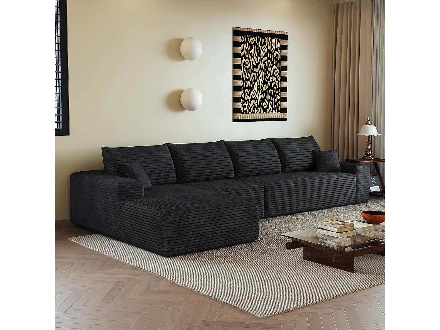 Canapé d'angle modulaire sans armature, en L à gauche, avec des coussins d'assise profonds, prêt à l'emploi, noir