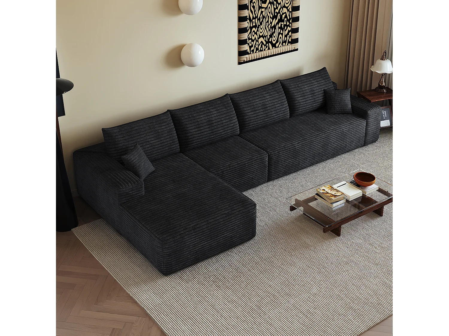 Canapé d'angle modulaire sans armature, en L à gauche, avec des coussins d'assise profonds, prêt à l'emploi, noir