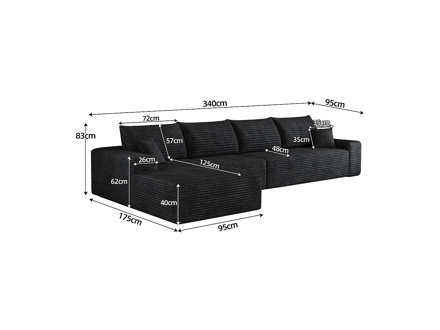 Canapé d'angle modulaire sans armature, en L à gauche, avec des coussins d'assise profonds, prêt à l'emploi, noir