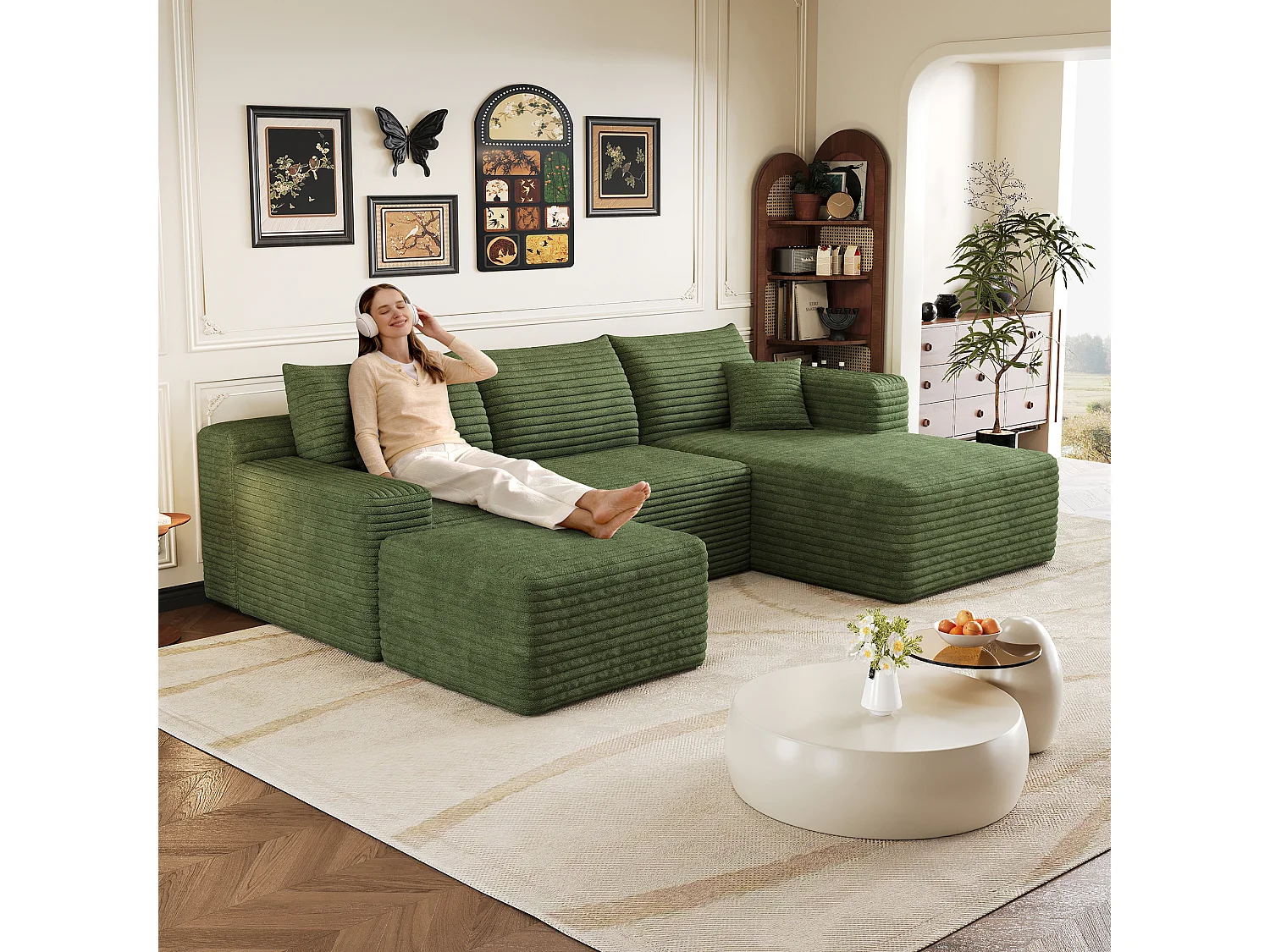 Canapé en L avec méridienne à droite, assise profonde, style minimaliste moderne, motif « nuages », prêt à l'emploi, vert