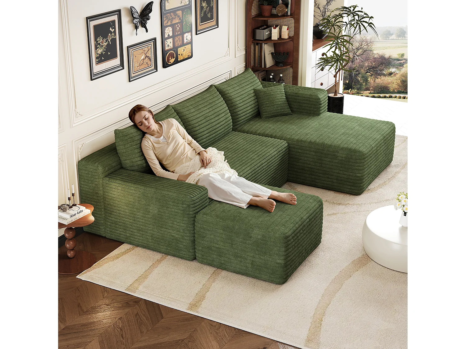 Canapé en L avec méridienne à droite, assise profonde, style minimaliste moderne, motif « nuages », prêt à l'emploi, vert