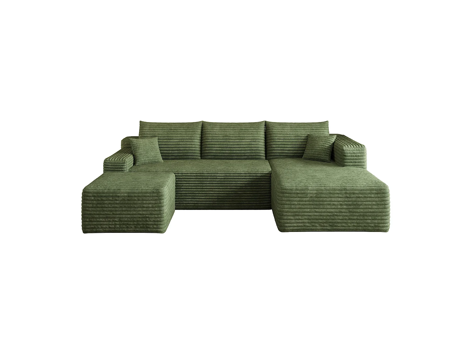 Canapé en L avec méridienne à droite, assise profonde, style minimaliste moderne, motif « nuages », prêt à l'emploi, vert