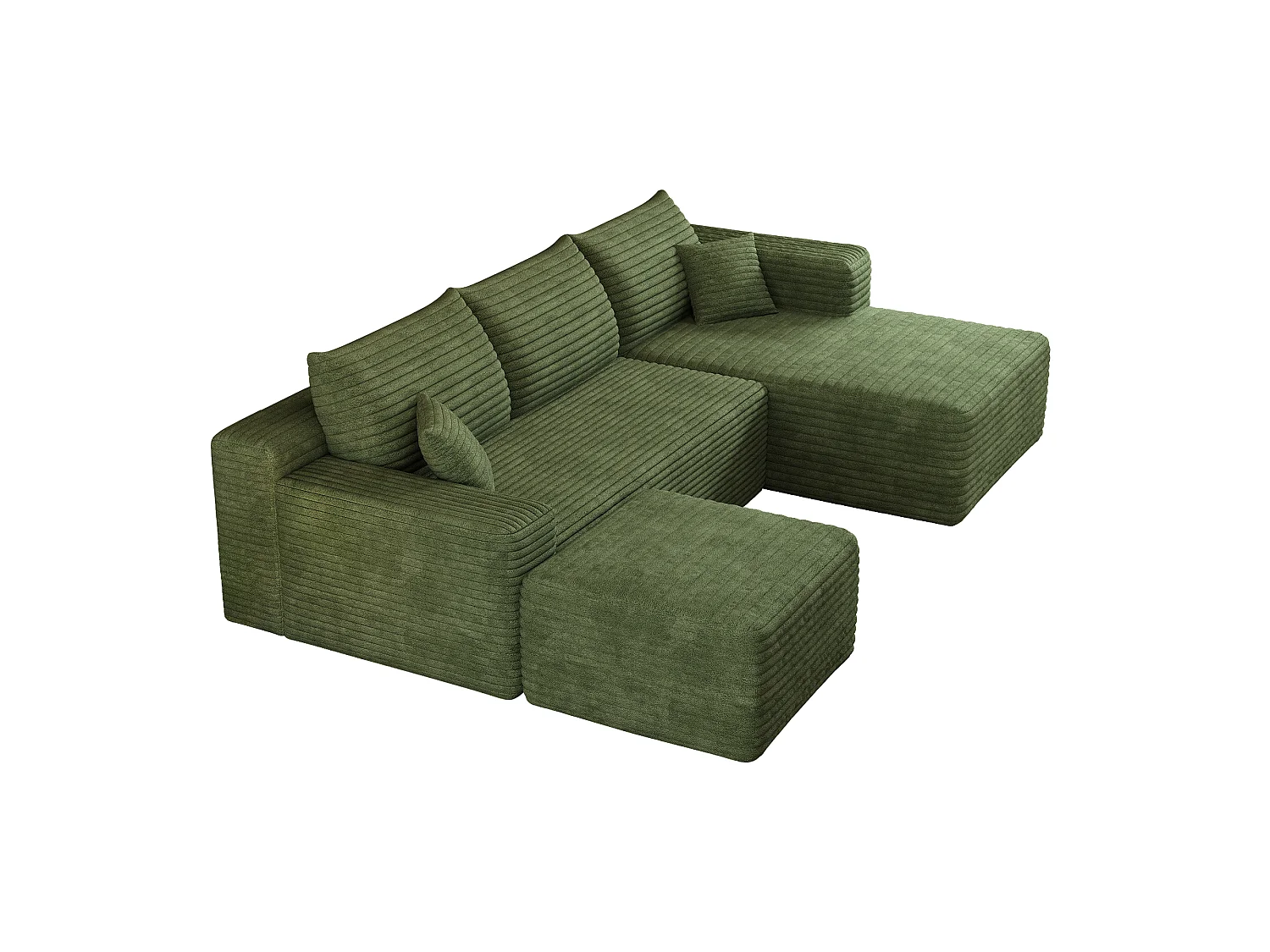Canapé en L avec méridienne à droite, assise profonde, style minimaliste moderne, motif « nuages », prêt à l'emploi, vert