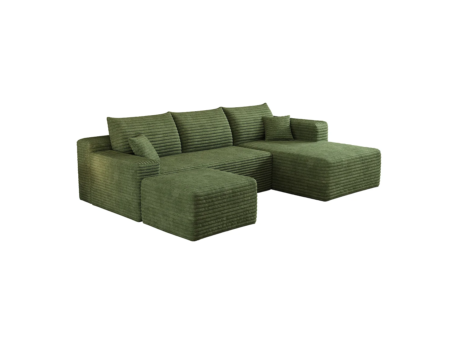 Canapé en L avec méridienne à droite, assise profonde, style minimaliste moderne, motif « nuages », prêt à l'emploi, vert