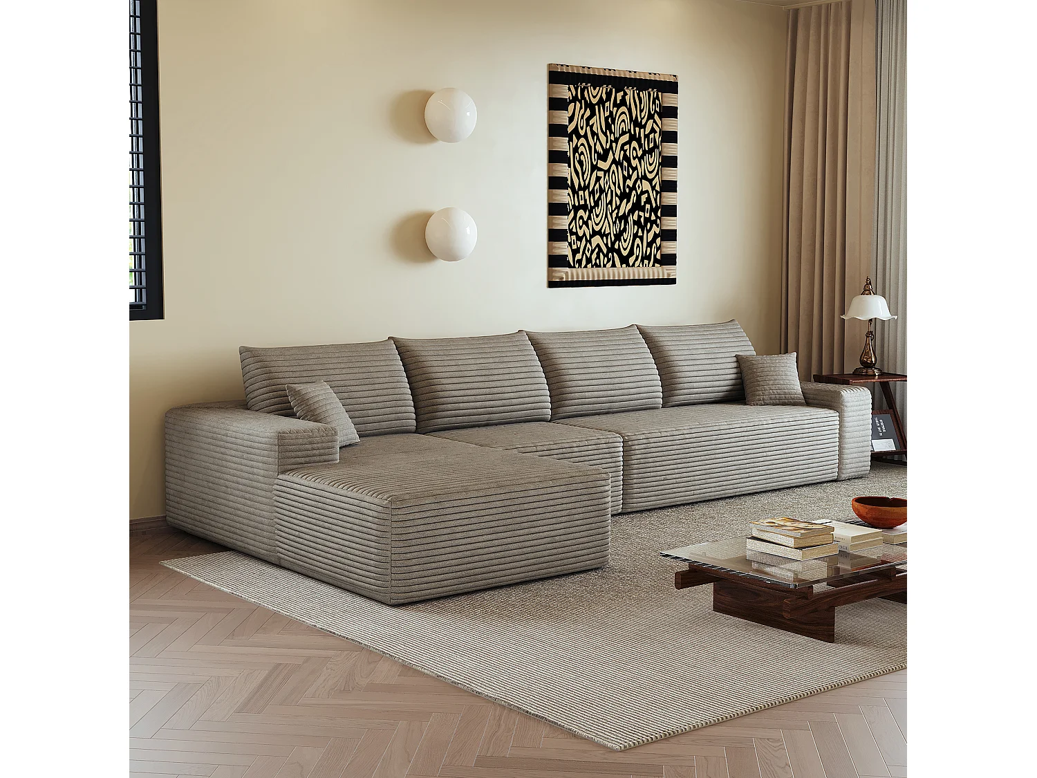 Canapé d'angle modulaire sans armature, en L à gauche, avec des coussins d'assise profonds, prêt à l'emploi, couleur camel