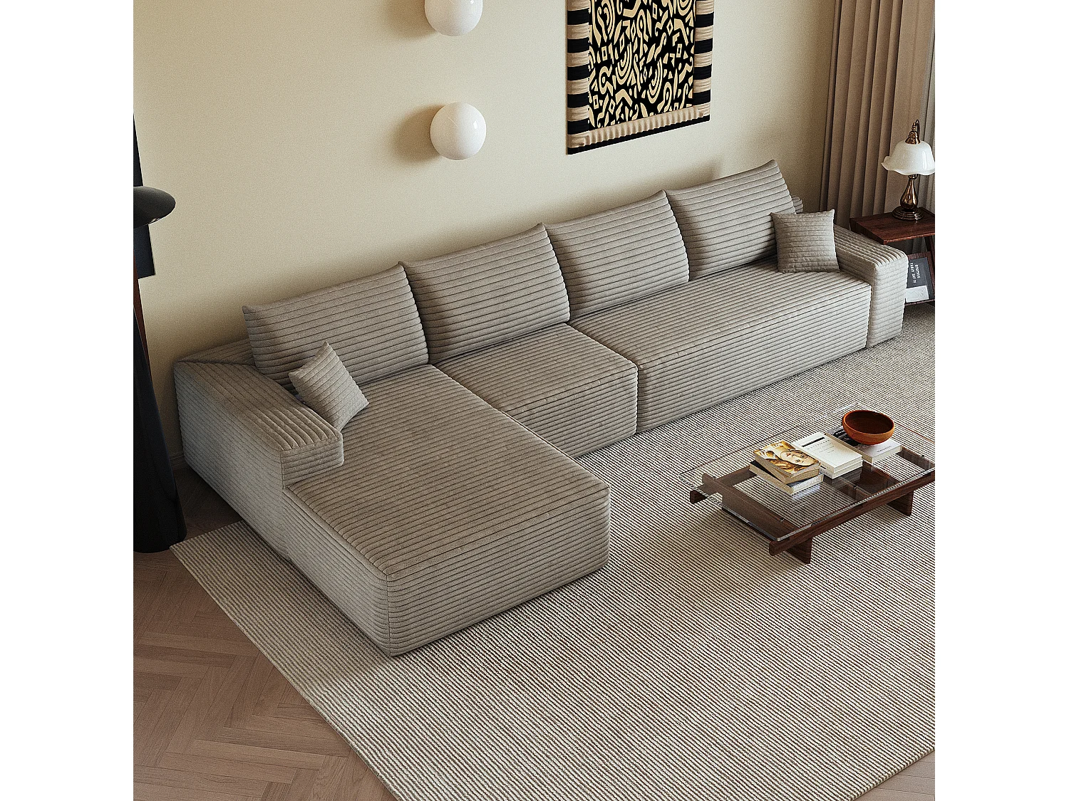 Canapé d'angle modulaire sans armature, en L à gauche, avec des coussins d'assise profonds, prêt à l'emploi, couleur camel