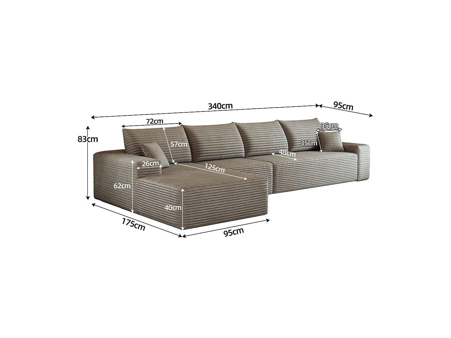 Canapé d'angle modulaire sans armature, en L à gauche, avec des coussins d'assise profonds, prêt à l'emploi, couleur camel