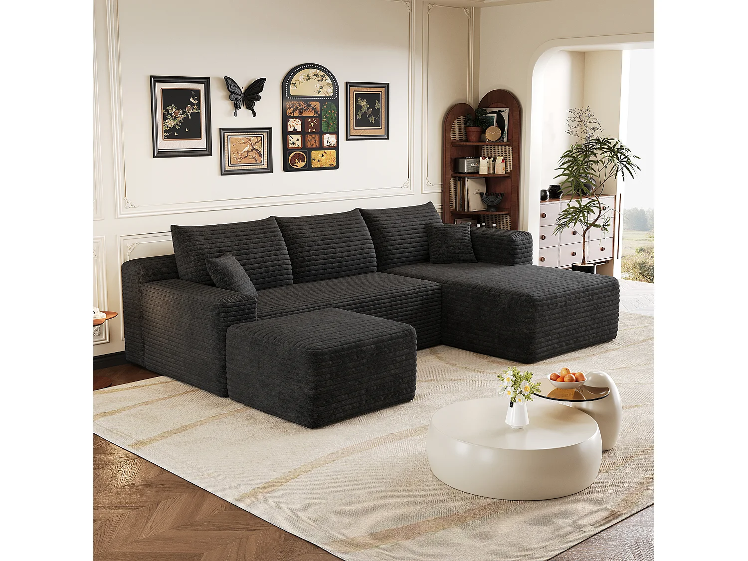 Canapé en L avec méridienne à droite, assise profonde, style minimaliste moderne, motif « nuages », prêt à l'emploi, noir