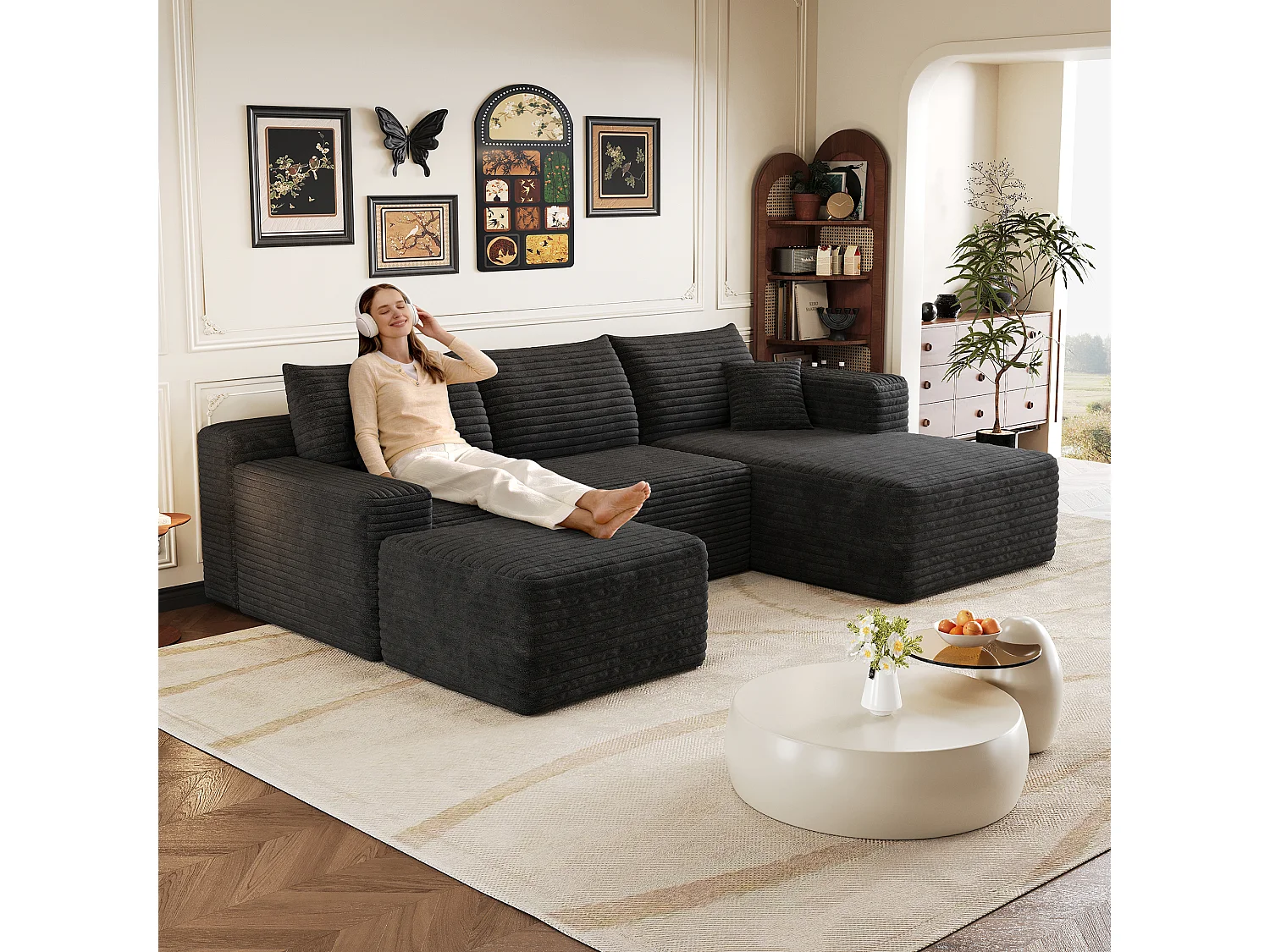 Canapé en L avec méridienne à droite, assise profonde, style minimaliste moderne, motif « nuages », prêt à l'emploi, noir