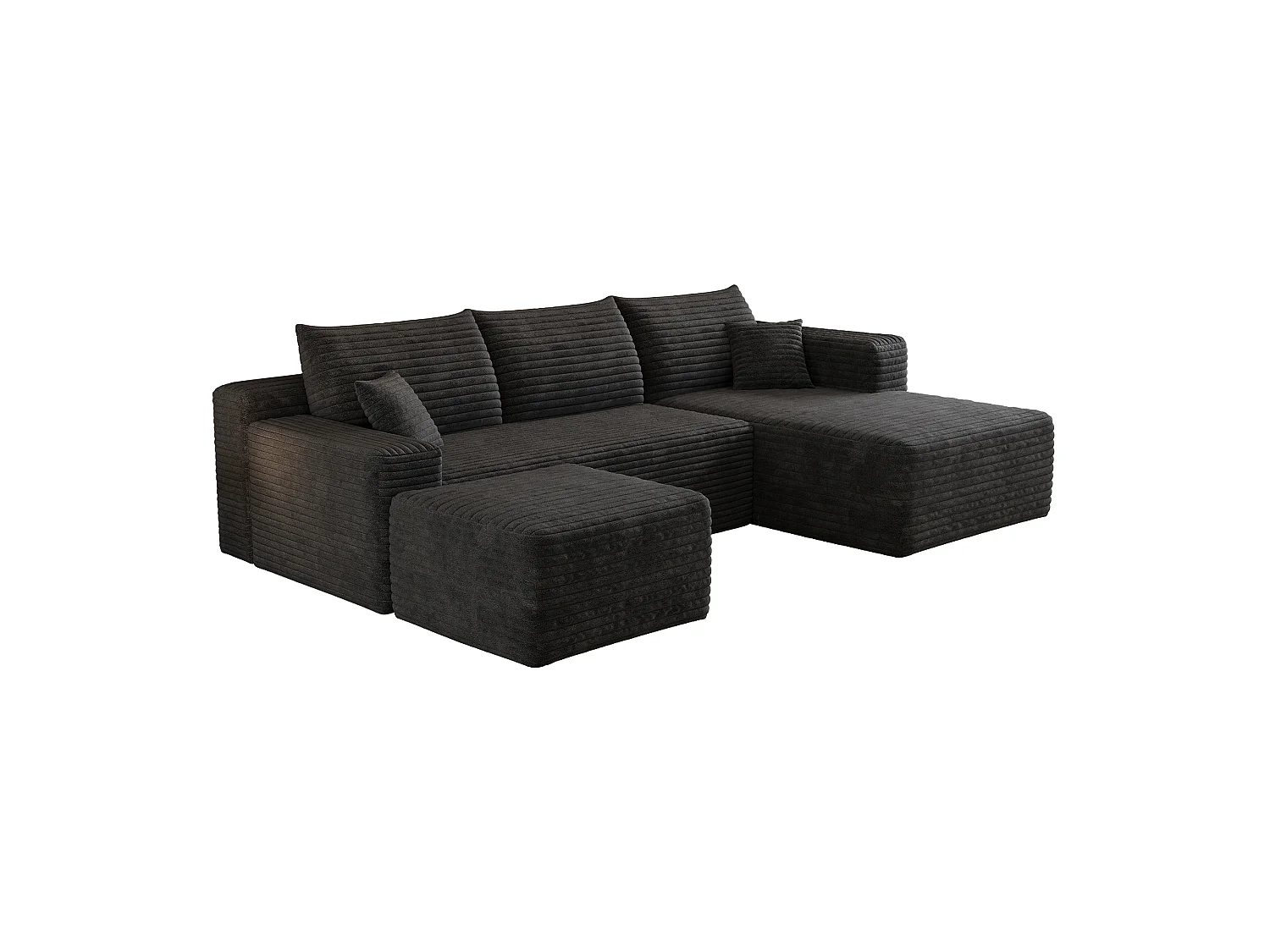 Canapé en L avec méridienne à droite, assise profonde, style minimaliste moderne, motif « nuages », prêt à l'emploi, noir