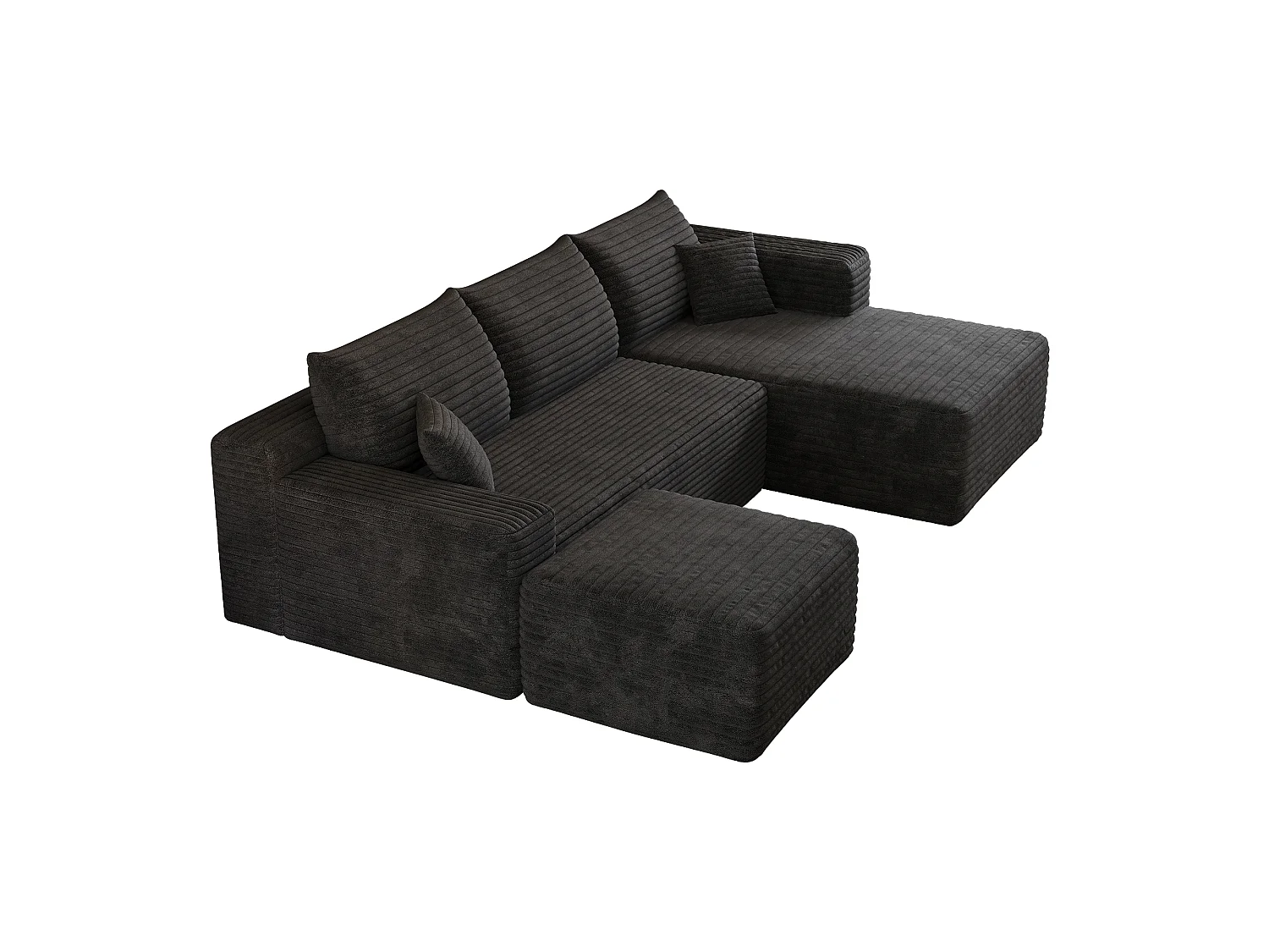 Canapé en L avec méridienne à droite, assise profonde, style minimaliste moderne, motif « nuages », prêt à l'emploi, noir