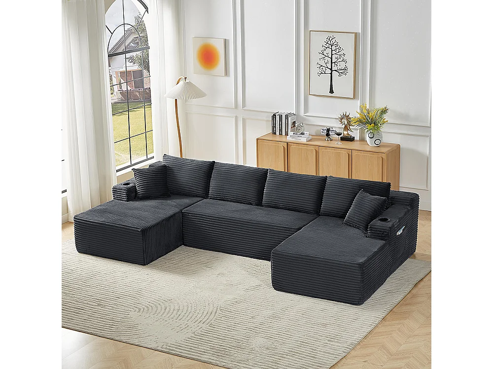 Canapé modulaire en U, sans structure, assise profonde, revêtement en velours côtelé, mousse à mémoire de forme, gris foncé
