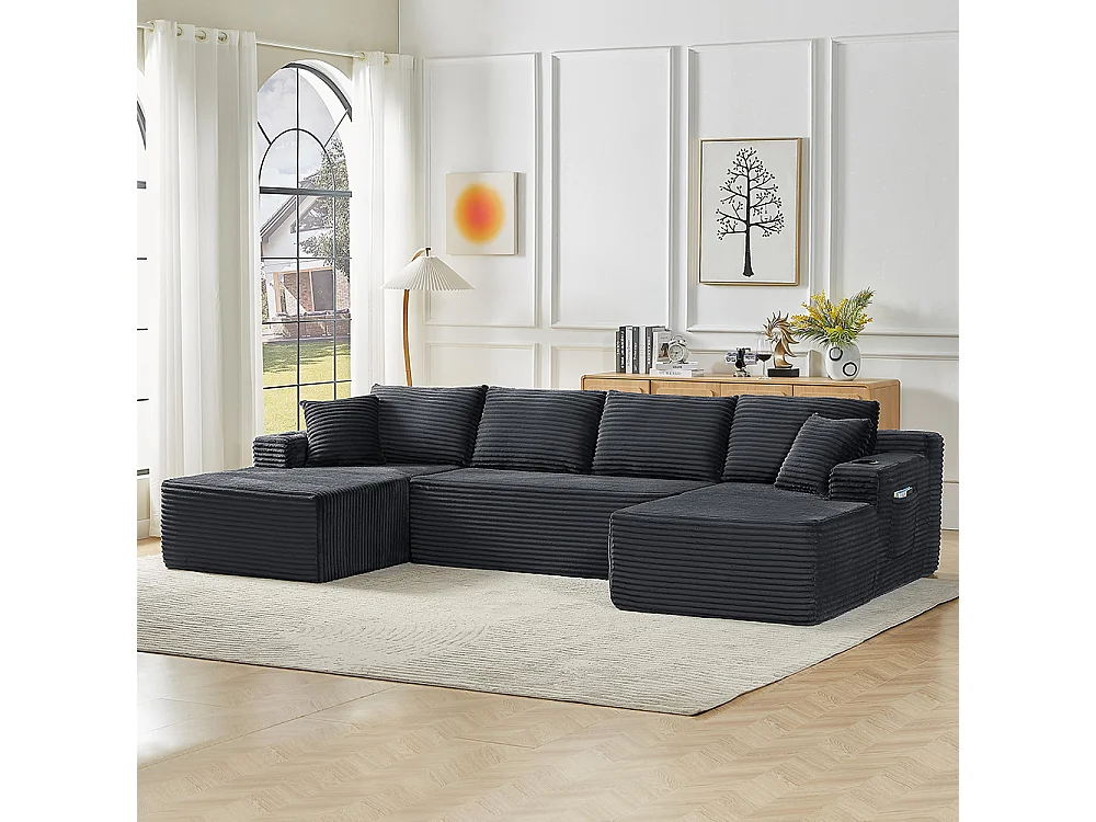 Canapé modulaire en U, sans structure, assise profonde, revêtement en velours côtelé, mousse à mémoire de forme, gris foncé