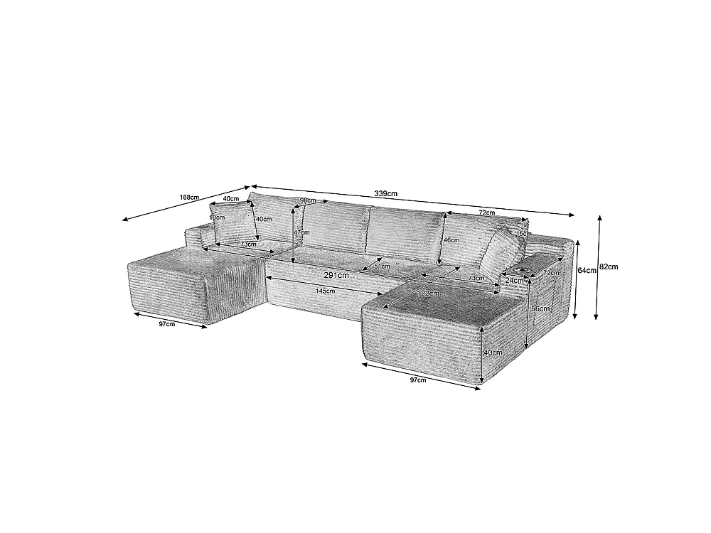 Canapé modulaire en U, sans structure, assise profonde, revêtement en velours côtelé, mousse à mémoire de forme, gris foncé