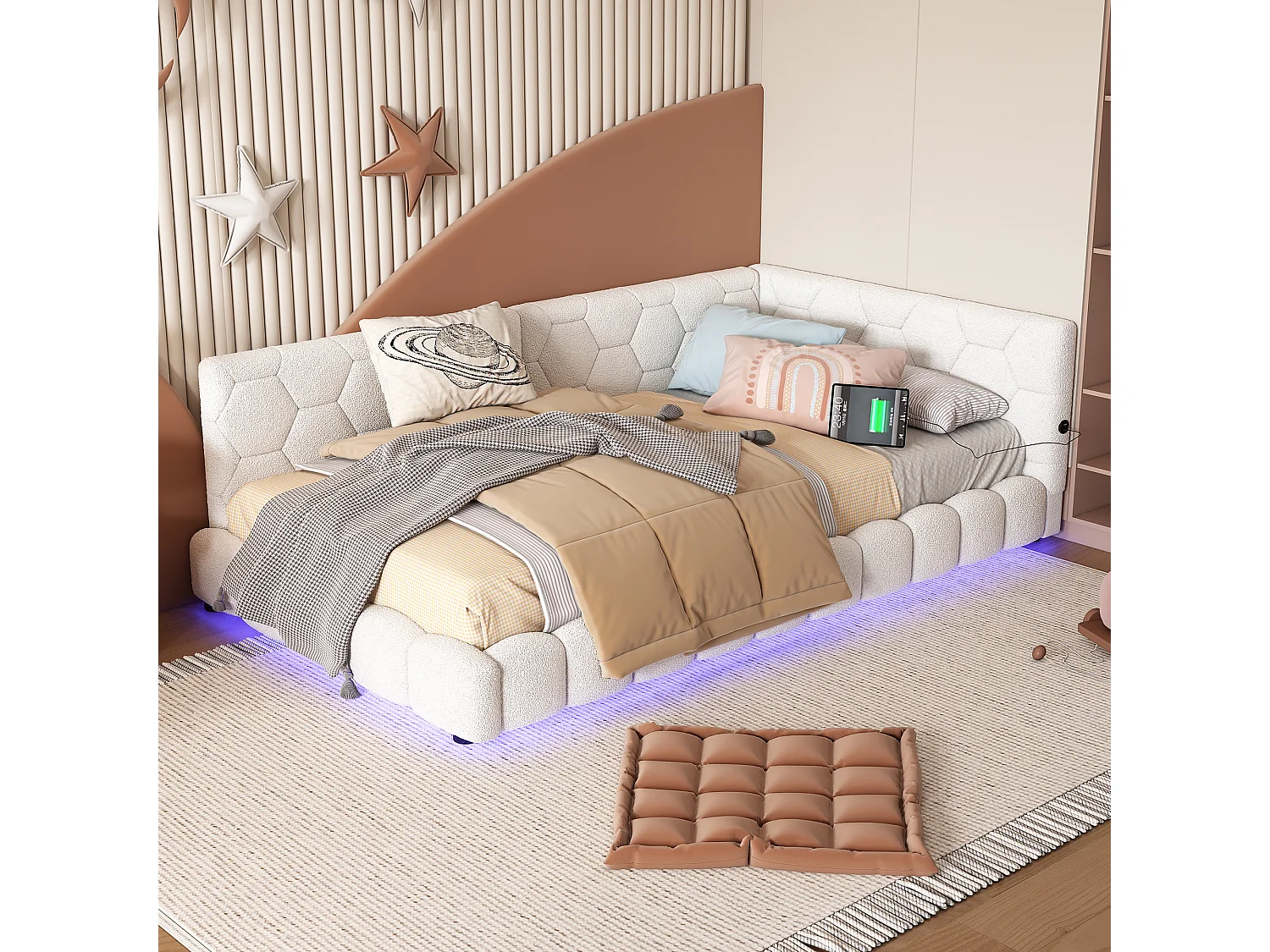 Canapé-lit 90 × 200 cm, lit avec sommier à lattes, éclairage d'ambiance à 16 couleurs, port USB-C, tissu imitation peluche, blanc
