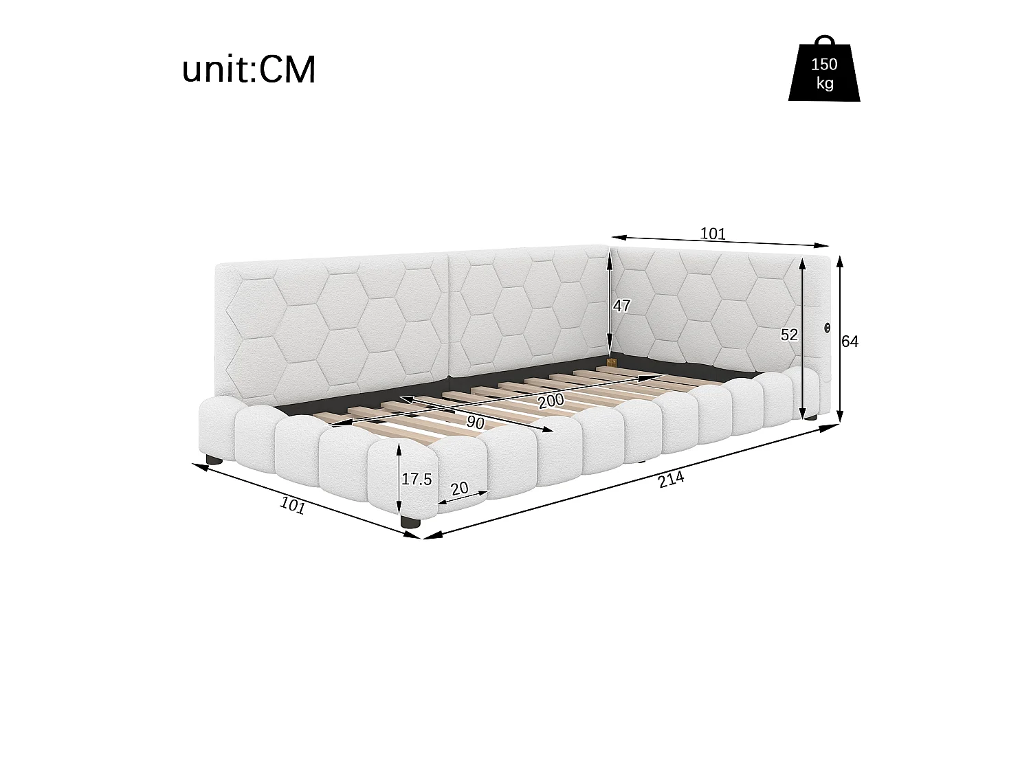 Canapé-lit 90 × 200 cm, lit avec sommier à lattes, éclairage d'ambiance à 16 couleurs, port USB-C, tissu imitation peluche, blanc