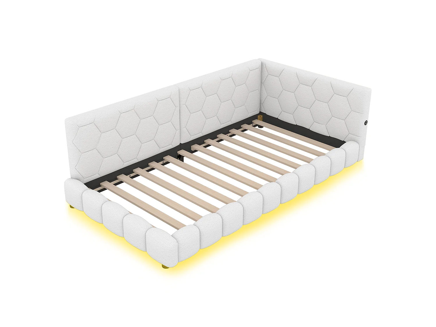 Canapé-lit 90 × 200 cm, lit avec sommier à lattes, éclairage d'ambiance à 16 couleurs, port USB-C, tissu imitation peluche, blanc