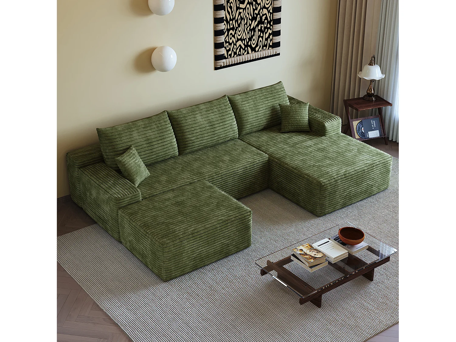 Canapé d'angle sans armature, en L à droite, avec des coussins d'assise profonds, 2 places + 1 repose-pieds, prêt à l'emploi, vert
