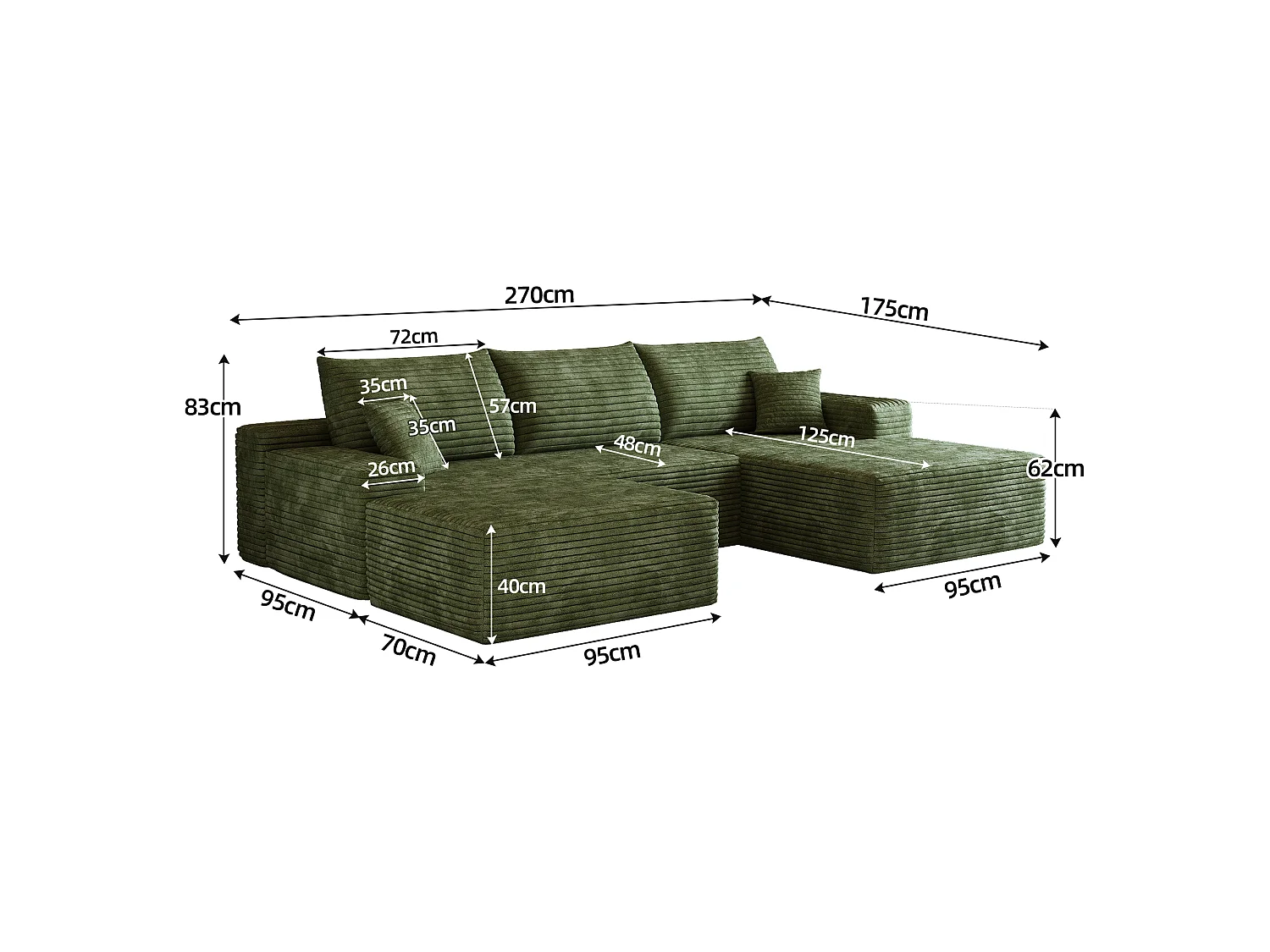 Canapé d'angle sans armature, en L à droite, avec des coussins d'assise profonds, 2 places + 1 repose-pieds, prêt à l'emploi, vert
