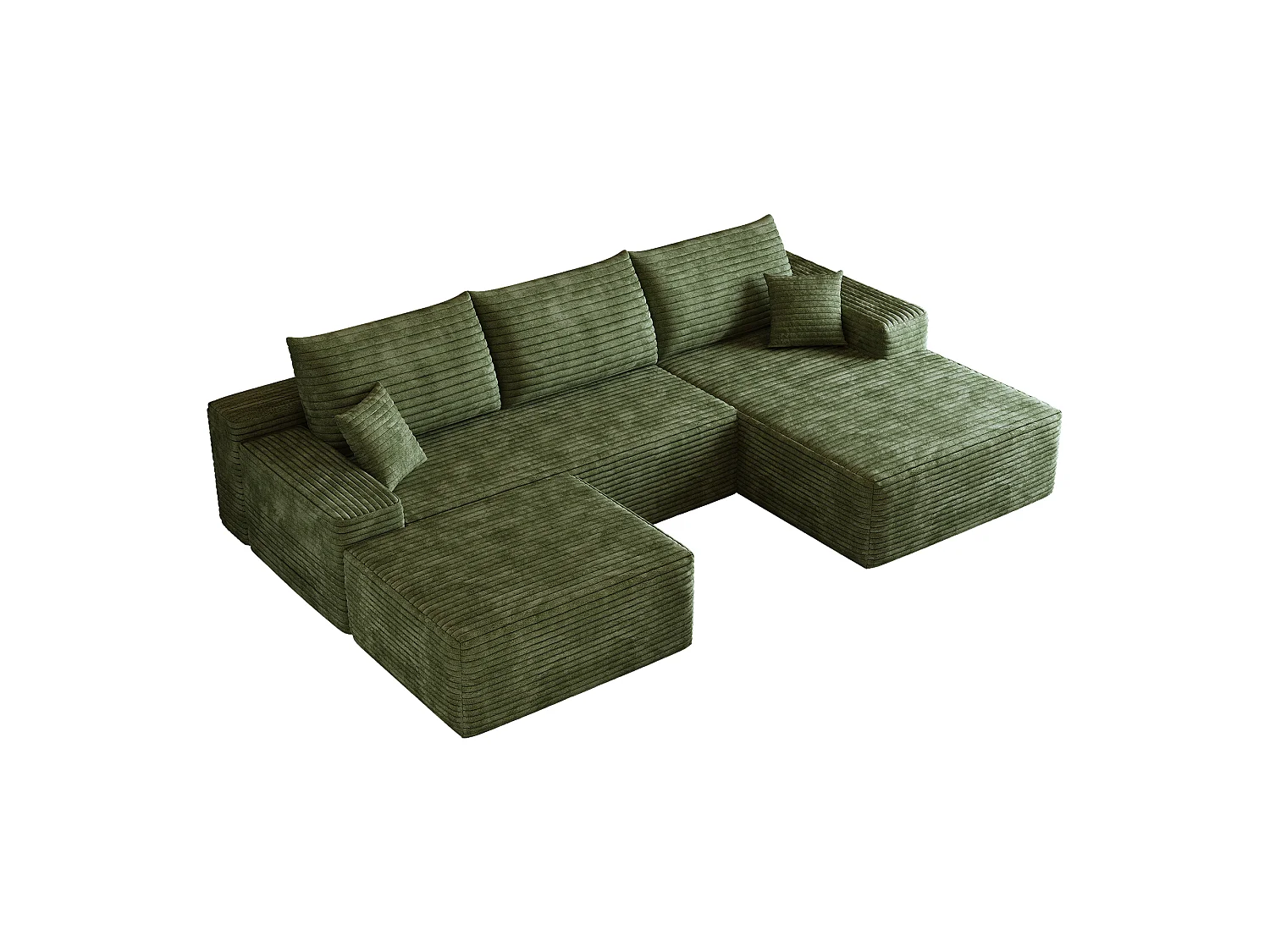 Canapé d'angle sans armature, en L à droite, avec des coussins d'assise profonds, 2 places + 1 repose-pieds, prêt à l'emploi, vert