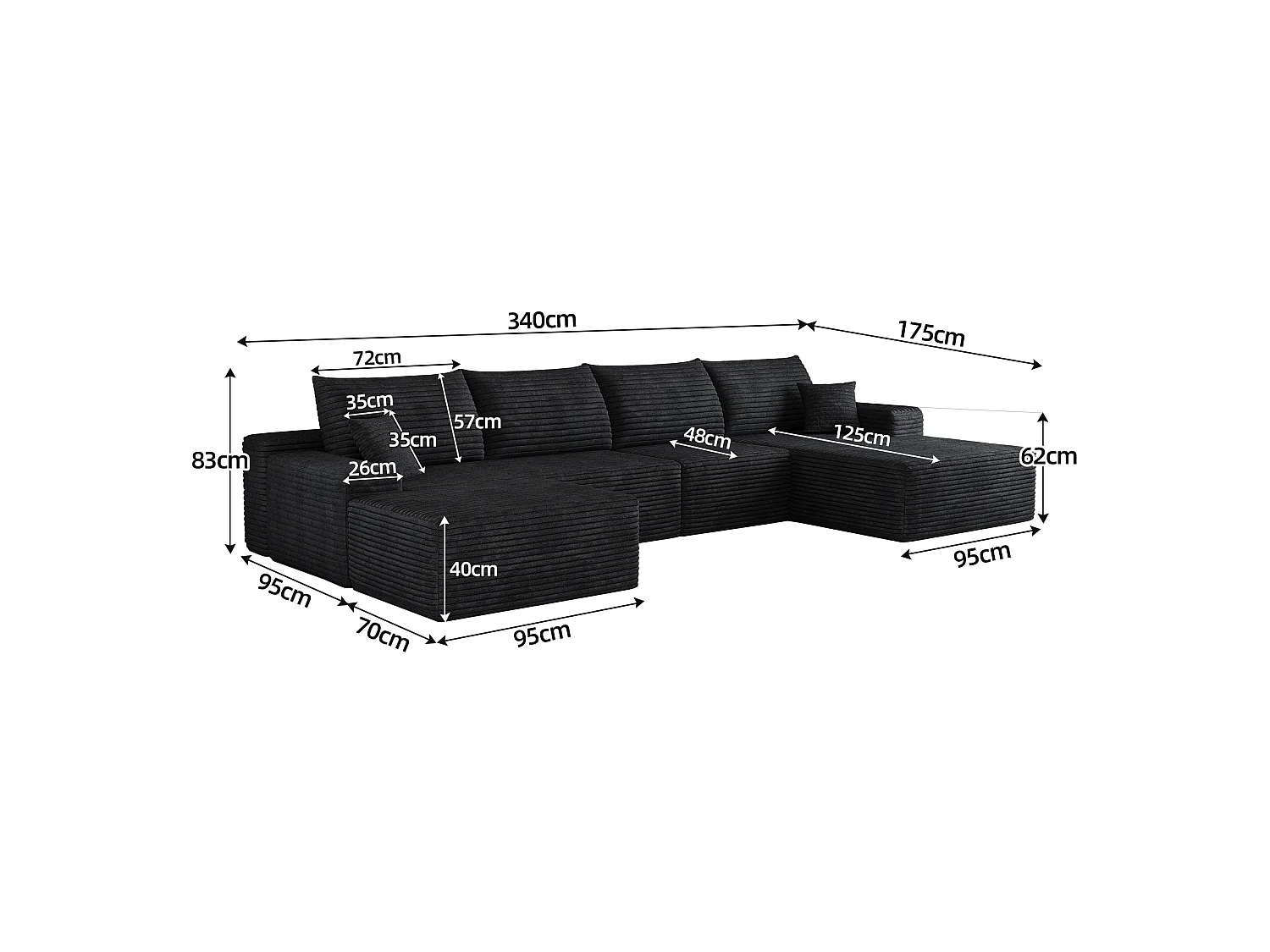 Canapé d'angle modulaire, en L à droite, 5 places + un repose-pieds, coussins d'assise profonds, prêt à l'emploi, noir