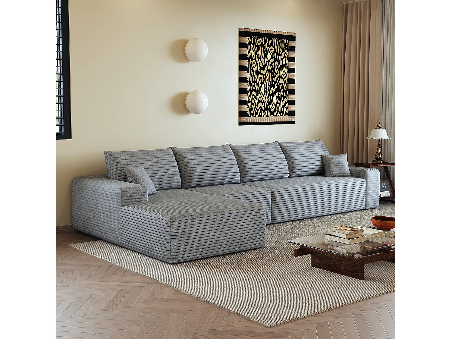 Canapé d'angle modulaire sans armature, en L à gauche, avec des coussins d'assise profonds, prêt à l'emploi, gris