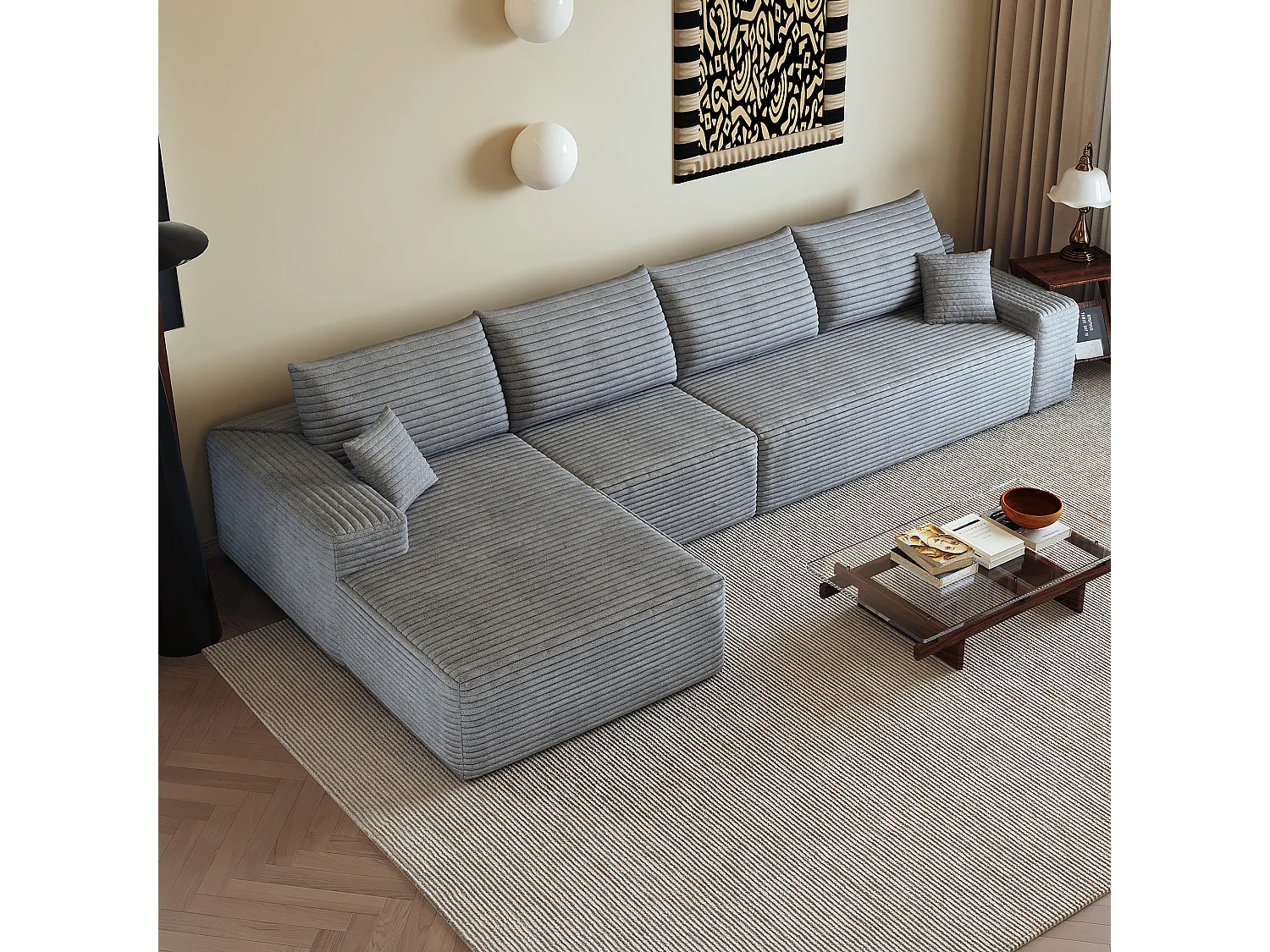 Canapé d'angle modulaire sans armature, en L à gauche, avec des coussins d'assise profonds, prêt à l'emploi, gris