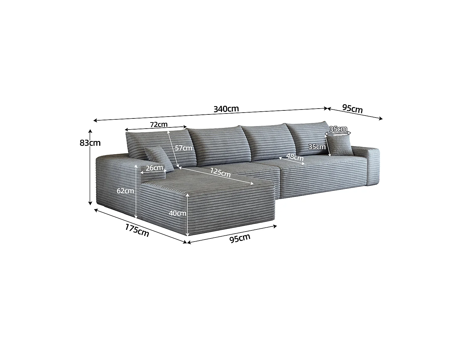 Canapé d'angle modulaire sans armature, en L à gauche, avec des coussins d'assise profonds, prêt à l'emploi, gris