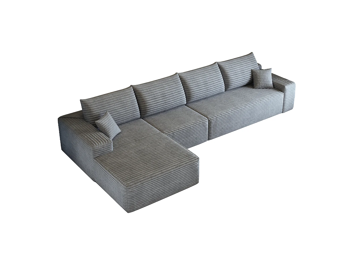 Canapé d'angle modulaire sans armature, en L à gauche, avec des coussins d'assise profonds, prêt à l'emploi, gris