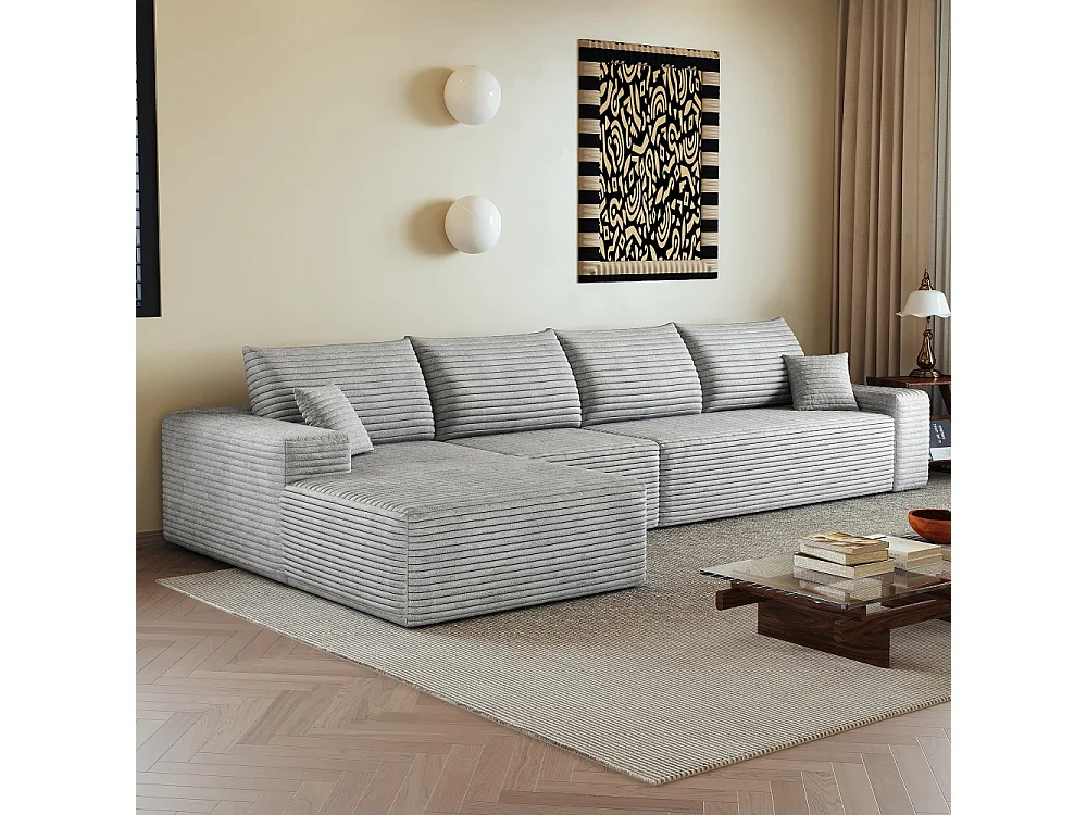 Canapé d'angle modulaire sans armature, en L à gauche, avec des coussins d'assise profonds, prêt à l'emploi, gris