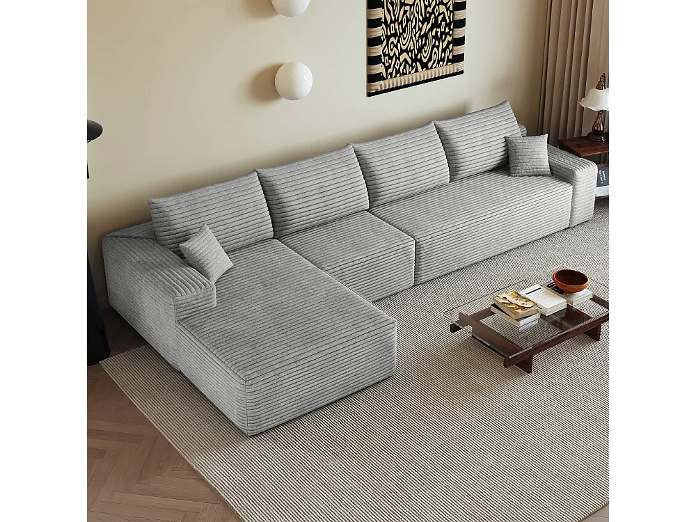 Canapé d'angle modulaire sans armature, en L à gauche, avec des coussins d'assise profonds, prêt à l'emploi, gris