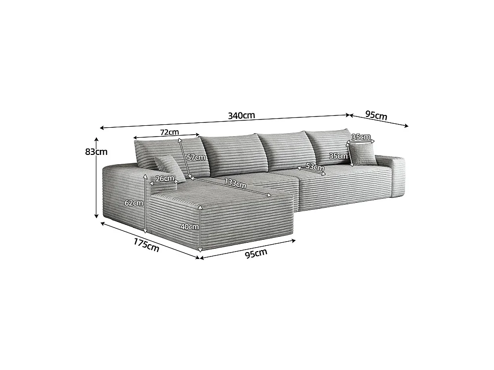 Canapé d'angle modulaire sans armature, en L à gauche, avec des coussins d'assise profonds, prêt à l'emploi, gris