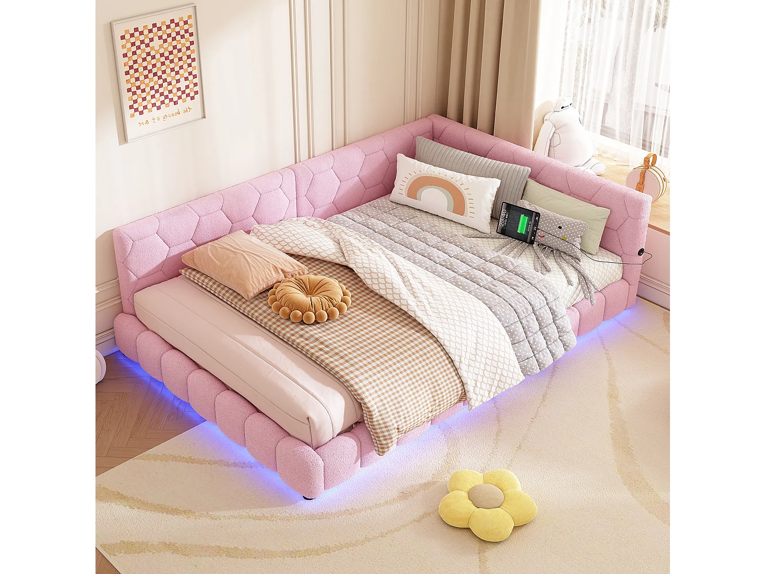 Canapé-lit 140 × 200 cm, lit avec sommier à lattes, éclairage d'ambiance à 16 couleurs, port USB-C, tissu imitation peluche, rose