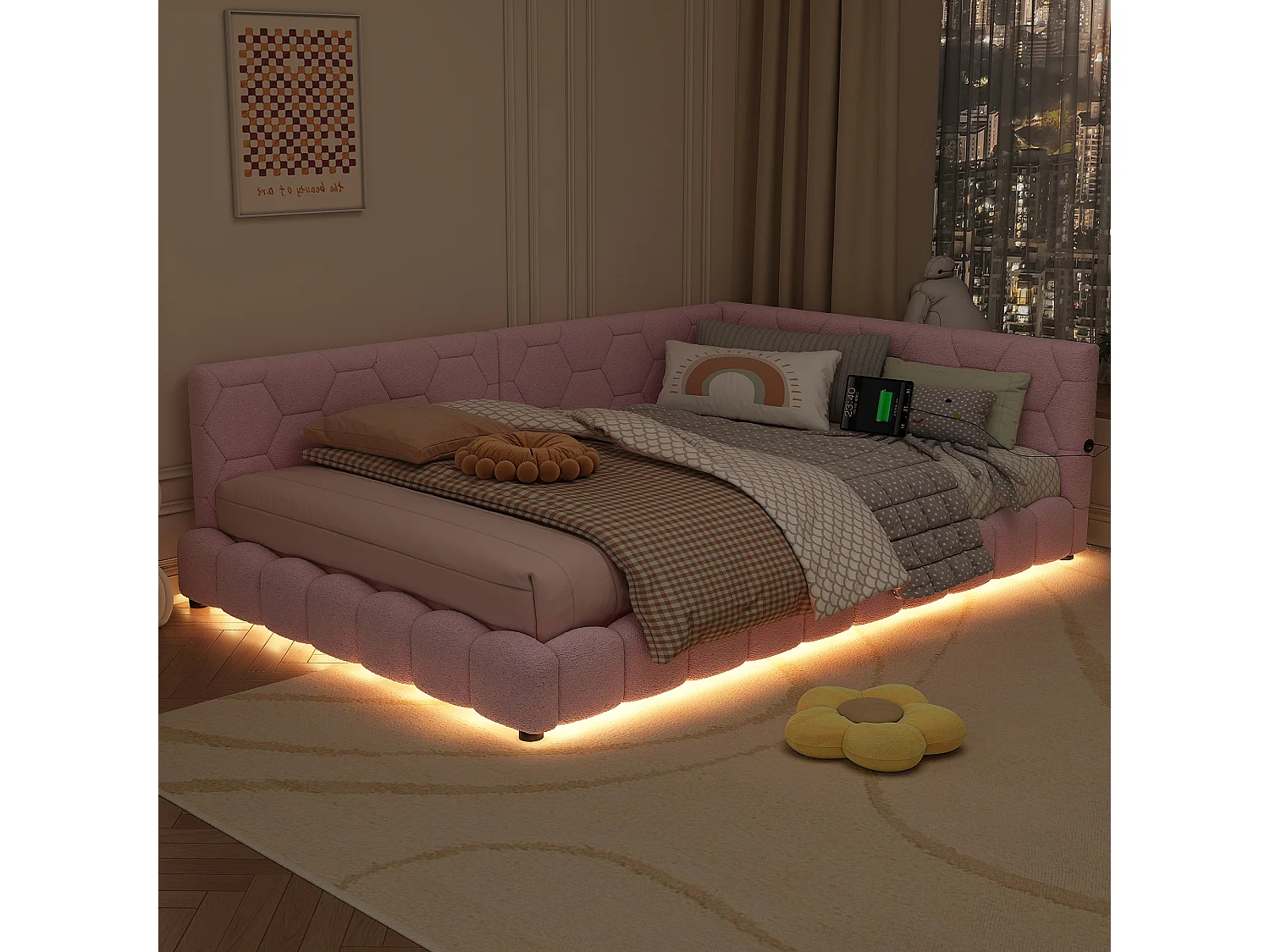Canapé-lit 140 × 200 cm, lit avec sommier à lattes, éclairage d'ambiance à 16 couleurs, port USB-C, tissu imitation peluche, rose